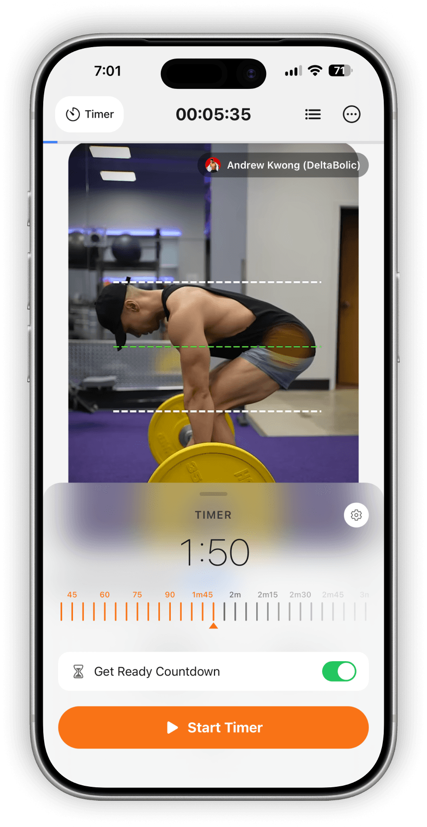 Fitloop automatic rest timer with adjustable duration and get-ready countdown